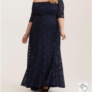 Special Occasion Navy Sequin Lace Off Shoulder Gown